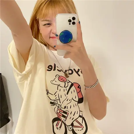 原创骑单车的小熊可爱盐系少女ins百搭宽松纯棉短袖T恤上衣慵懒风商品大图