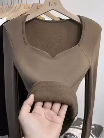 加绒长袖t恤女打底衫垫肩2022秋冬新款方领设计感打底衫内搭上衣商品大图