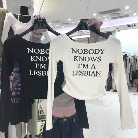 美式复古字母印花长袖T恤女修身显瘦别致百搭上衣千禧辣妹打底衫商品大图