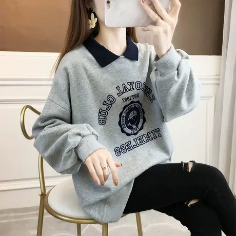 设计感小众卫衣女春秋韩版宽松大码翻领polo衫薄款假两件上衣外套商品大图