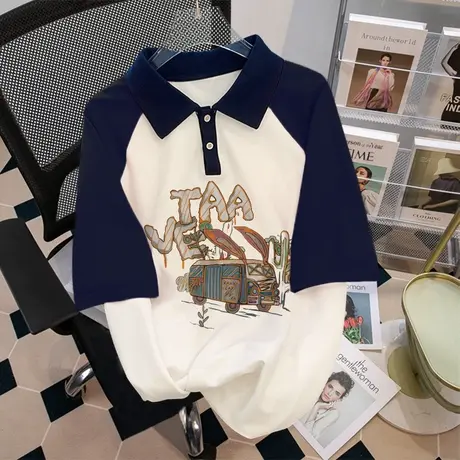 Polo领T恤女夏2023新款撞色设计感插肩袖短袖ins潮美式学院风上衣商品大图