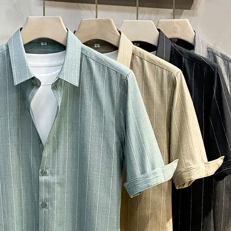 衬衫男士短袖2023新款条纹五分中袖衬衣外套春夏季商务修身高级感商品大图