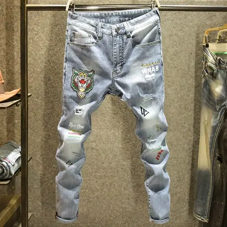 夏季破洞补丁牛仔裤彩色虎头刺绣修身裤子男高街ins潮欧货小脚裤商品大图