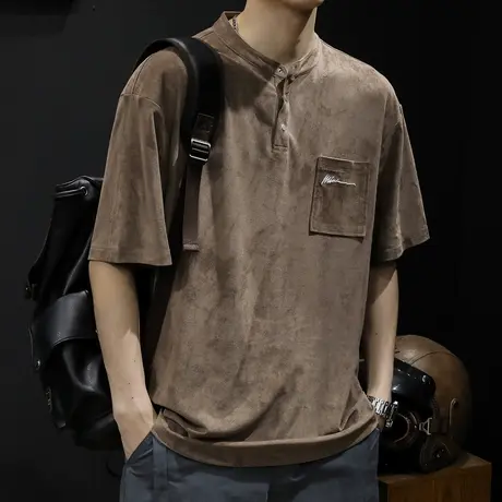 麂皮绒polo衫男夏季短袖t恤男士半袖潮牌大码2023新款男装体恤潮商品大图