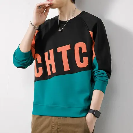 春天美式高街印花长袖圆领卫衣春秋款男生撞色痞帅上衣服春季男装商品大图