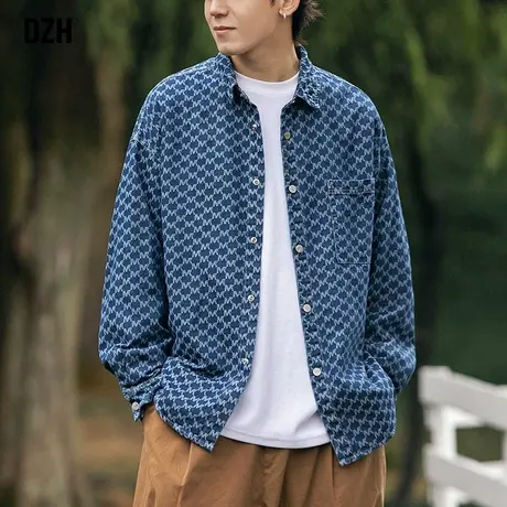 男士韩版提花长袖牛仔衬衫男夏季潮牌叠穿衬衣2024年新款薄款外套商品大图