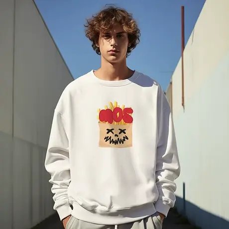 美式复古嘻哈大码圆领白色卫衣男装纯棉重磅高街加绒加厚春秋冬季商品大图