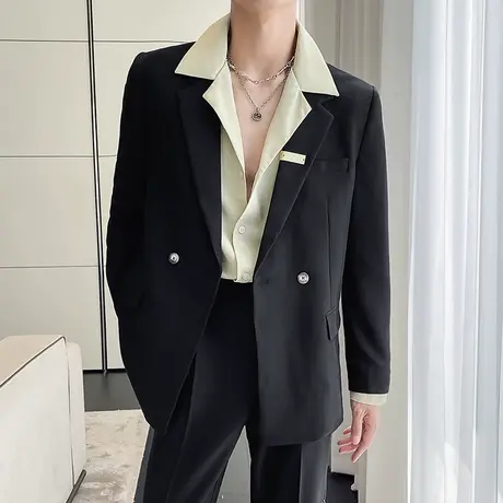 气质大领衬衫男长袖春夏2023年ins宽松落肩袖西装领垂感内搭衬衣商品大图