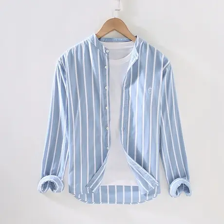 长袖衬衫男春秋季新款宽松纯棉蓝色条纹衬衣男士休闲立领外套潮商品大图