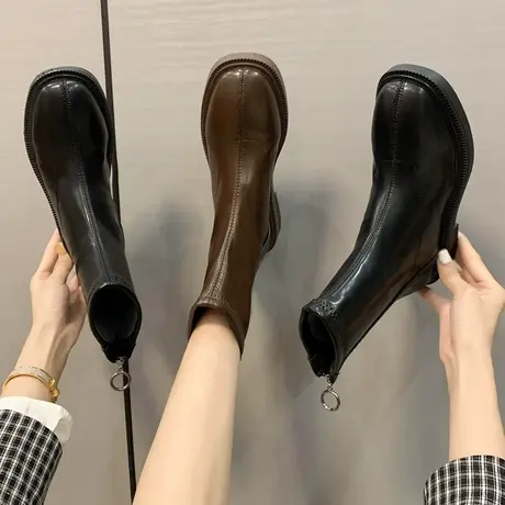 英伦风短筒瘦瘦靴女2023年新款软皮薄款马丁靴女春秋百搭皮靴子女商品大图