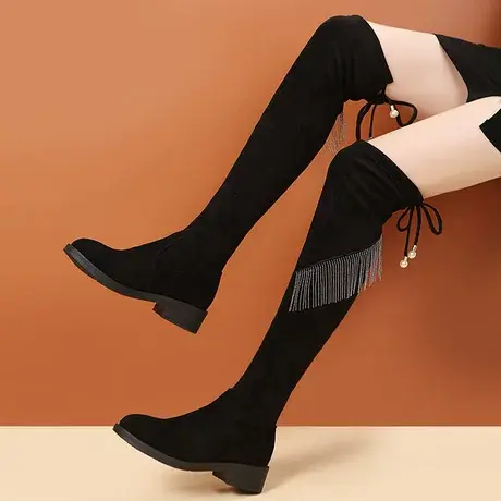 绒面过膝黑色长靴女2023秋冬季新款高跟粗跟高筒弹力靴韩版瘦瘦靴商品大图