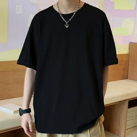 新疆棉T恤男宽松大码内搭上衣纯色纯棉情侣短袖圆领打底衫潮牌黑商品大图