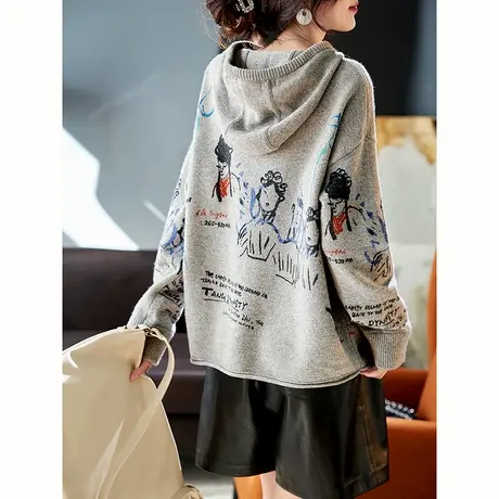 宝诗黎连帽印花慵懒羊毛针织衫女宽松长袖套头毛衣2024春秋季新款图片