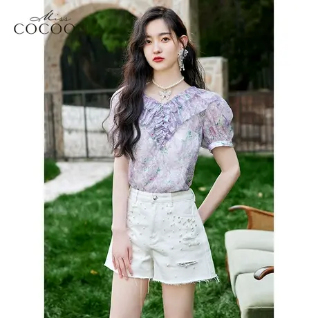 miss COCOON2023新款法式碎花雪纺衬衫女夏短袖V领泡泡袖上衣小衫图片