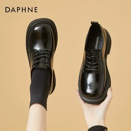 达芙妮圆头小皮鞋女2022年新款女鞋复古粗跟系带单鞋厚底大头鞋女商品大图
