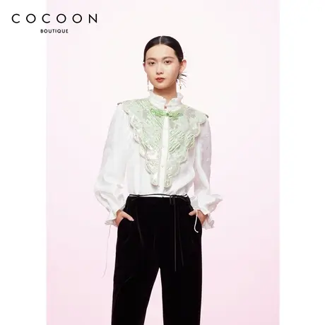 COCOON商场同款时尚上衣2023秋季新款女钉珠刺绣云肩装饰长袖外套图片