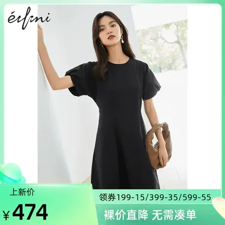 伊芙丽黑色显瘦泡泡袖连衣裙2022年新款法式裙子女醋酸面料长裙女图片
