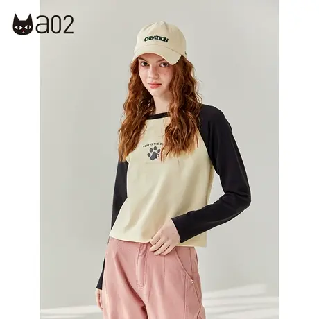 【呼呼严选专享】a02通勤风长袖T恤女2023秋季插肩袖撞色T恤上衣图片