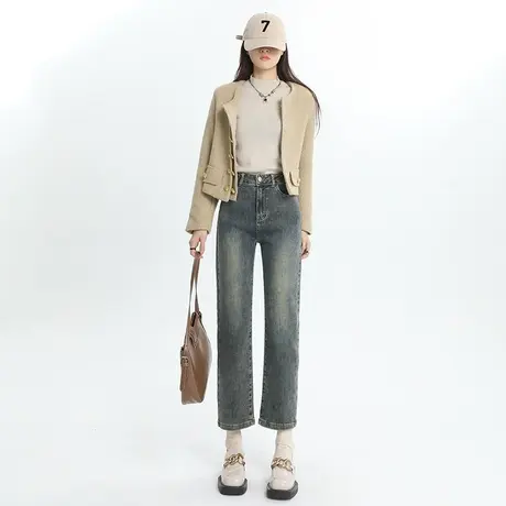 高腰直筒牛仔裤女秋冬2023年新款法棍裤显瘦小个子九分阔腿烟管裤图片