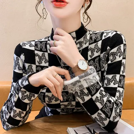 加厚一体绒毛衣女秋冬2024新款内搭保暖打底衫气质半高领针织上衣商品大图