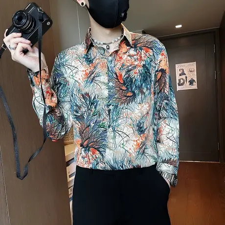 长袖衬衫秋季花色设计感复古潮流衬衣高街痞帅发型师上衣寸衫INS商品大图