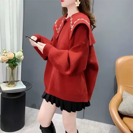 新年圣诞红色娃娃领毛衣女2023秋冬新款宽松洋气减龄甜美针织上衣商品大图