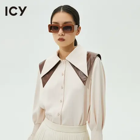 icy春秋新款通勤风撞色PU拼接尖领披肩喇叭长袖衬衫女商品大图