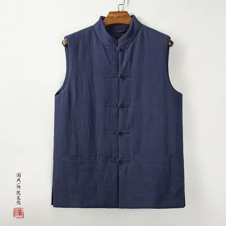 盘扣马甲加厚男士棉麻唐装背心马褂袄子复古影视民国冬装棉衣坎肩商品大图