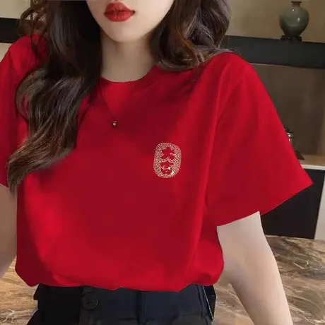 2024新款喜庆红色打底印花T恤女夏季本命年过年纯棉短袖衣服上衣商品大图