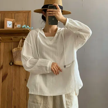 dza复古双层纱连帽宽松T恤女春秋宽松亚麻上衣休闲长袖棉麻打底衫图片