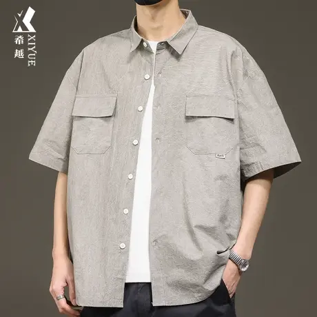 希越休闲棉麻衬衫2024春季新款宽松大码男士日系纯棉衬衣翻领外套图片