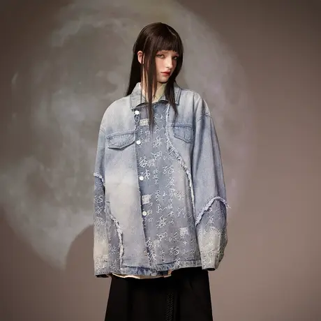 复古做旧国潮新中式拼接牛仔外套女春秋新款国风情侣宽松夹克上衣商品大图