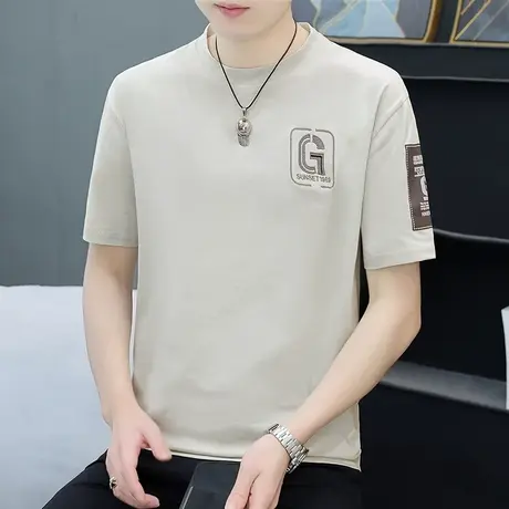 白色短袖t恤男2023夏季圆领修身半袖卫衣内搭打底衫纯棉刺绣体恤商品大图