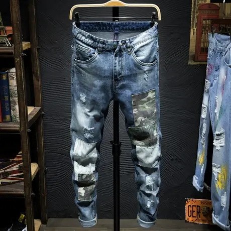 潮牌破洞牛仔裤男潮烂裤子嘻哈补丁乞丐拼接韩版潮流裤子男生夜店商品大图