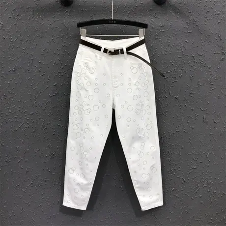 欧货重工烫钻小脚裤女24春夏新款白色简约休闲显瘦九分牛仔哈伦裤图片