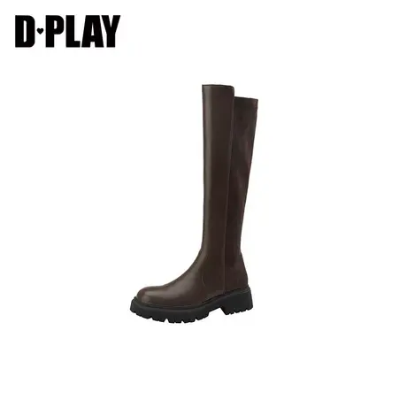DPLAY【惠品】新重磅英伦风厚底拼接骑士棕过膝长筒靴子女鞋图片