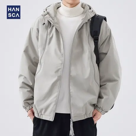 hansca美式户外连帽棉衣男士秋冬款潮牌机能风纯色落肩袖防风外套商品大图