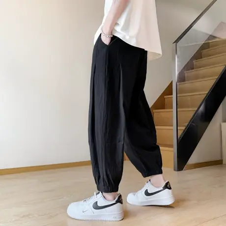 日系复古裤子男薄款亚棉麻八分裤潮牌痞帅大码束脚锥形哈伦萝卜裤商品大图