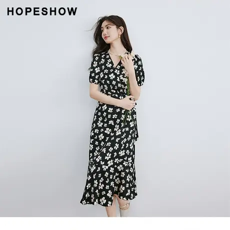 红袖碎花收腰显瘦茶歇裙hopeshow2024春季新款V领套头高腰连衣裙图片