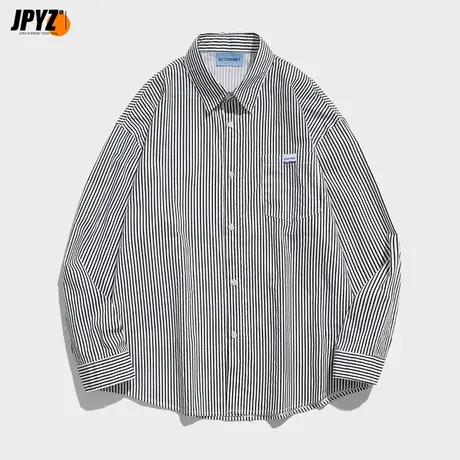 黑色条纹衬衫男长袖秋季潮ins宽松休闲衬衣日系港风男装痞帅外套图片