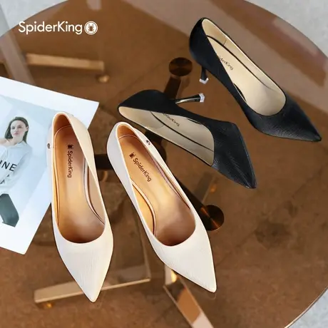 蜘蛛王米色高跟鞋女2024年春新款季高跟尖头职业浅口单鞋细跟8cm图片