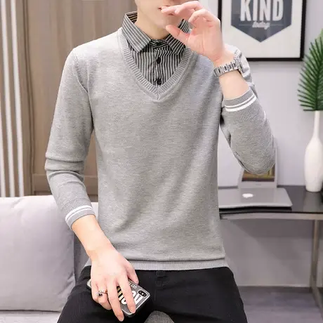 秋冬季男士假两件长袖t恤衬衫领潮流加绒打底衫秋衣男装卫衣上衣商品大图