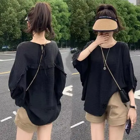 后背木耳花边新款衬衫七分袖设计感系带圆领上衣宽松夏季新款洋气图片