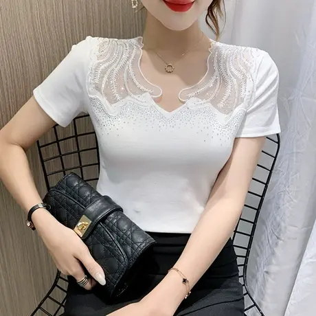 时尚V领烫钻T恤女短袖修身百搭小衫性感蕾丝拼接上衣重工烫钻体恤商品大图