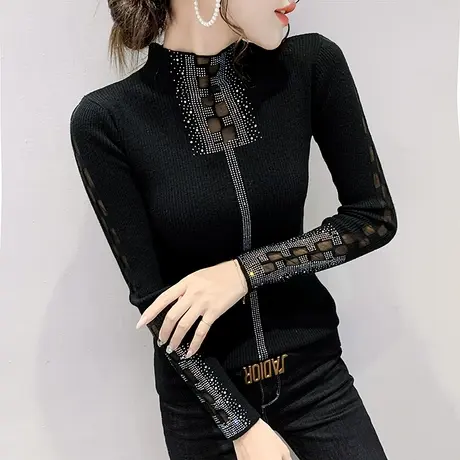 半高领毛衣女套头网纱拼接镂空长袖上衣紧身内搭打底针织衫女秋冬商品大图