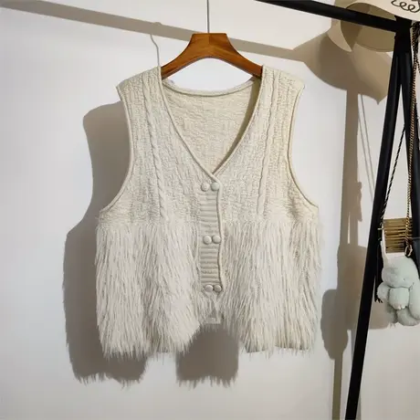 小香风毛衣马甲开衫女秋冬新款宽松v领叠穿流苏拼接针织背心外穿商品大图