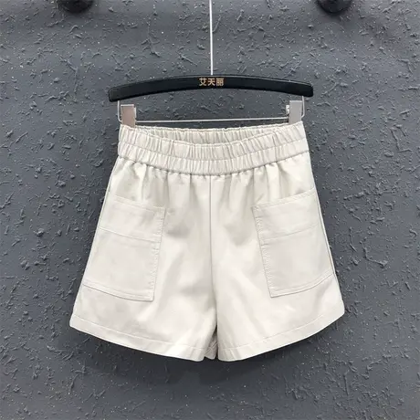 2023年秋季新款皮裤短裤女潮百搭米色双口袋设计感宽松高腰阔腿裤图片