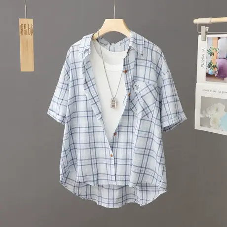 格子短袖衬衫女夏2023新款别致绝美法式高级感上衣衬衣小个子穿搭商品大图