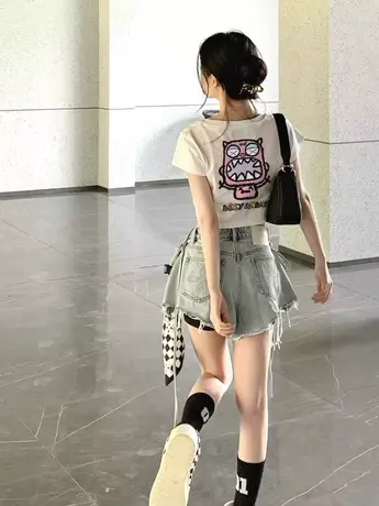 美式复古纯棉正肩短袖t恤女夏季潮牌ins短款小个子显瘦辣妹上衣服商品大图