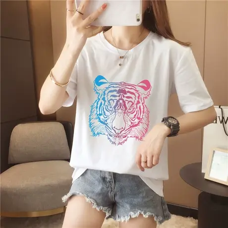 2023年春夏新款韩版白色短袖T恤女宽松百搭纯棉老虎头印花体恤潮商品大图